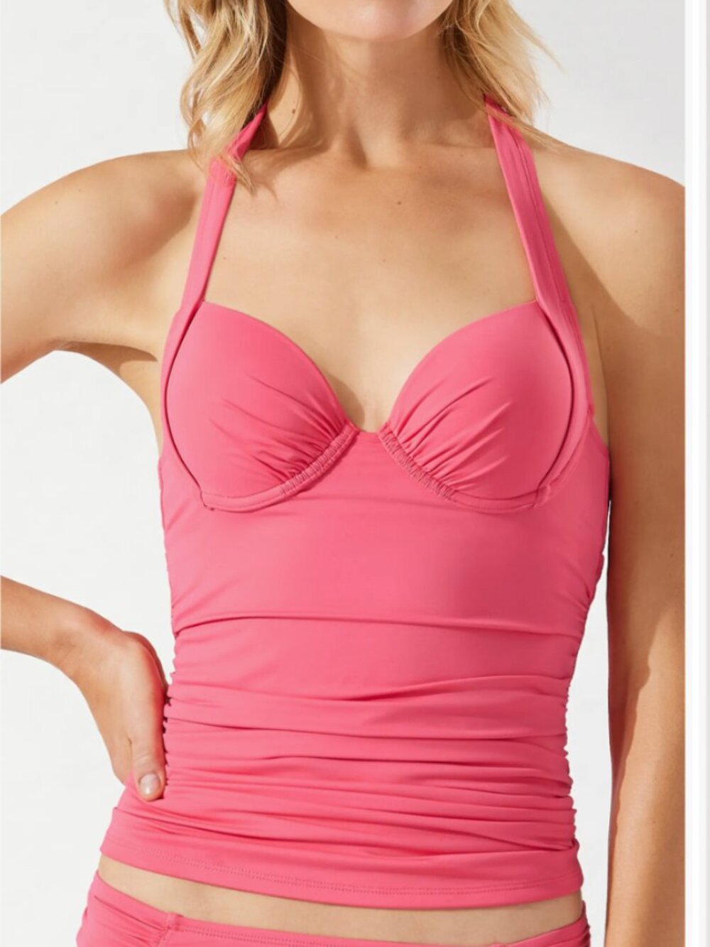 Tommy Bahama Pearl Underwired Tankini Swim Top Coral Pink Ruched Halter Size S